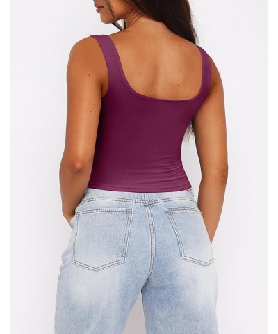 Women's Square Neck Sleeveless Crop Tops 2024 Cute Double Layer Seamless Slim Fit Y2k Tank Tops Burgundy $12.16 Others