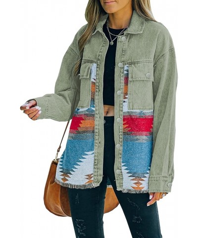 Women's Aztec Denim Jacket Distressed Lapel Long Sleeve Vintage Button Down Denim Jacket Shacket Vintage Green $19.35 Jackets