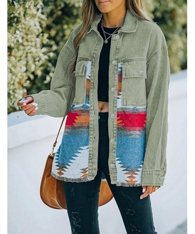 Women's Aztec Denim Jacket Distressed Lapel Long Sleeve Vintage Button Down Denim Jacket Shacket Vintage Green $19.35 Jackets