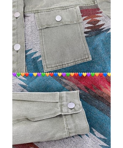 Women's Aztec Denim Jacket Distressed Lapel Long Sleeve Vintage Button Down Denim Jacket Shacket Vintage Green $19.35 Jackets