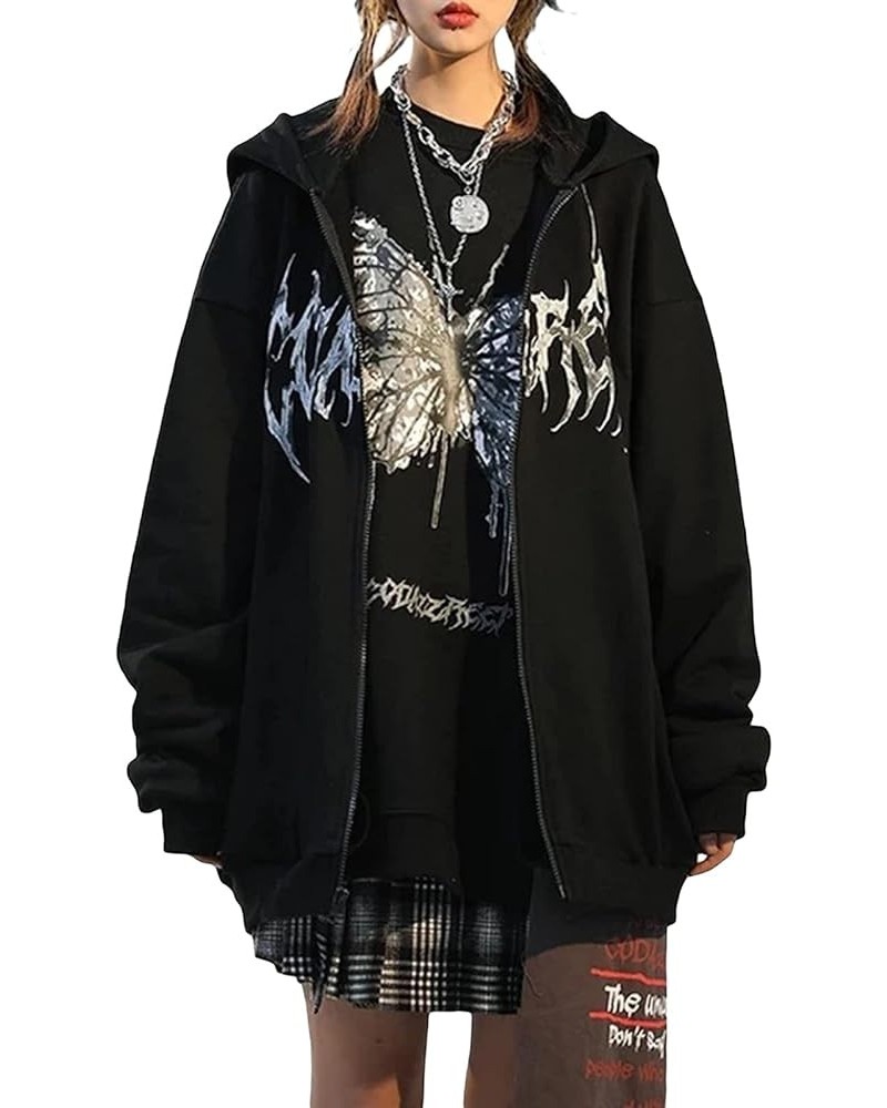 Women Grunge Skeleton Graphic Hooded Sweatshirt Halloween Full Zip Up Hoodie Jacket Coat With Pockets D Black $14.03 Hoodies ...