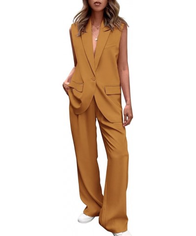 Women's 2 Piece Outfits Sleeveless Suit Vest and Wide Leg Pants Business Casual Blazer Sets Brown Yellow $26.40 Suits