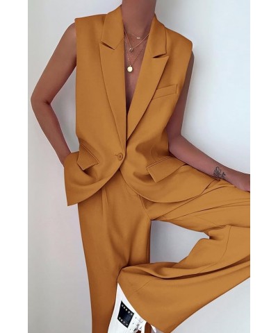 Women's 2 Piece Outfits Sleeveless Suit Vest and Wide Leg Pants Business Casual Blazer Sets Brown Yellow $26.40 Suits