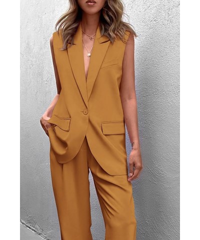 Women's 2 Piece Outfits Sleeveless Suit Vest and Wide Leg Pants Business Casual Blazer Sets Brown Yellow $26.40 Suits