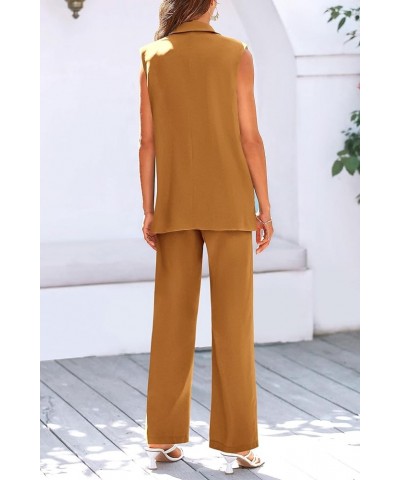 Women's 2 Piece Outfits Sleeveless Suit Vest and Wide Leg Pants Business Casual Blazer Sets Brown Yellow $26.40 Suits