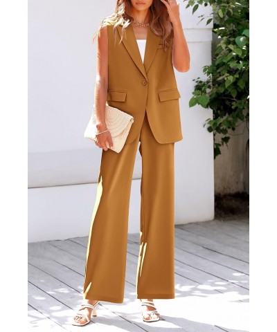 Women's 2 Piece Outfits Sleeveless Suit Vest and Wide Leg Pants Business Casual Blazer Sets Brown Yellow $26.40 Suits