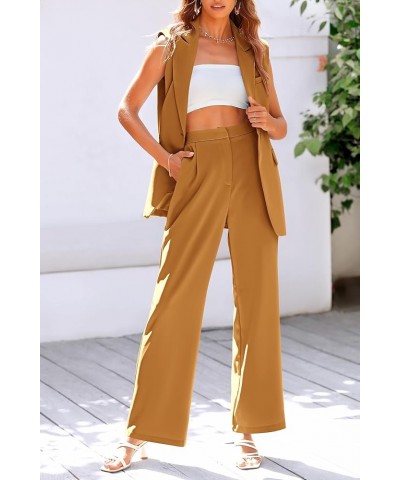 Women's 2 Piece Outfits Sleeveless Suit Vest and Wide Leg Pants Business Casual Blazer Sets Brown Yellow $26.40 Suits