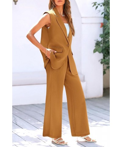 Women's 2 Piece Outfits Sleeveless Suit Vest and Wide Leg Pants Business Casual Blazer Sets Brown Yellow $26.40 Suits