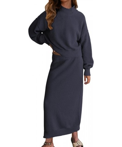 Women's 2 Piece Sweater Skirt Set Mock Neck Long Sleeve Sweater Knit Maxi Skirt Fall Winter Outfits Lounge Sets Navy $27.83 A...