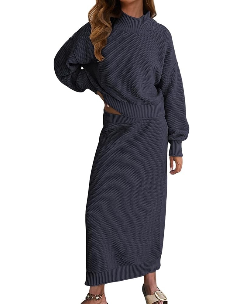 Women's 2 Piece Sweater Skirt Set Mock Neck Long Sleeve Sweater Knit Maxi Skirt Fall Winter Outfits Lounge Sets Navy $27.83 A...