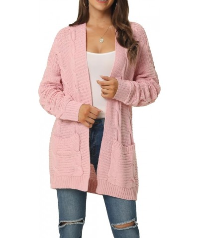 Women's Casual Cardigan Open Front Long Sleeve Cable Knitted Long Sweater Cardigan with Pockets Pink $12.50 Sweaters