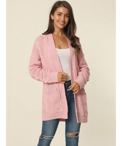 Women's Casual Cardigan Open Front Long Sleeve Cable Knitted Long Sweater Cardigan with Pockets Pink $12.50 Sweaters