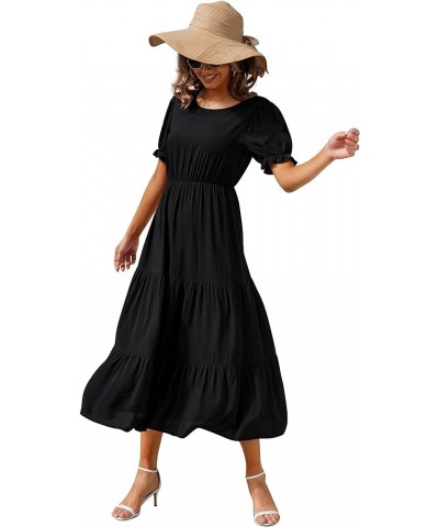 Women's 2024 Spring Summer Casual Loose Crewneck Boho Dress Ruffle Puff Sleeve High Waist Midi Dress Black $26.99 Dresses