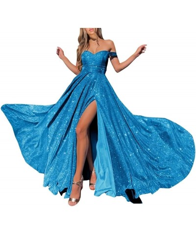 V-Neck Sparkly Prom Dresses Off Shoulder A Line Glitter Formal Evening Party Gowns for Women Acid Blue $30.66 Dresses