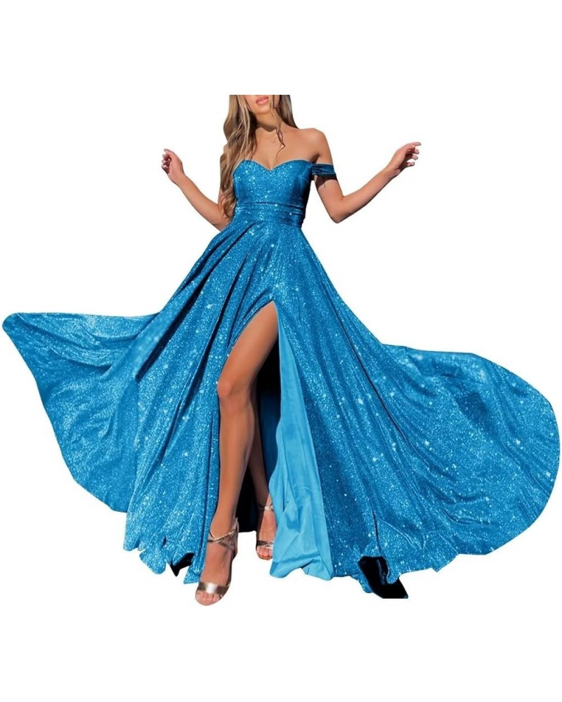 V-Neck Sparkly Prom Dresses Off Shoulder A Line Glitter Formal Evening Party Gowns for Women Acid Blue $30.66 Dresses