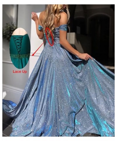 V-Neck Sparkly Prom Dresses Off Shoulder A Line Glitter Formal Evening Party Gowns for Women Acid Blue $30.66 Dresses