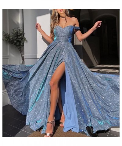 V-Neck Sparkly Prom Dresses Off Shoulder A Line Glitter Formal Evening Party Gowns for Women Acid Blue $30.66 Dresses