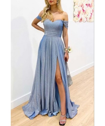 V-Neck Sparkly Prom Dresses Off Shoulder A Line Glitter Formal Evening Party Gowns for Women Acid Blue $30.66 Dresses