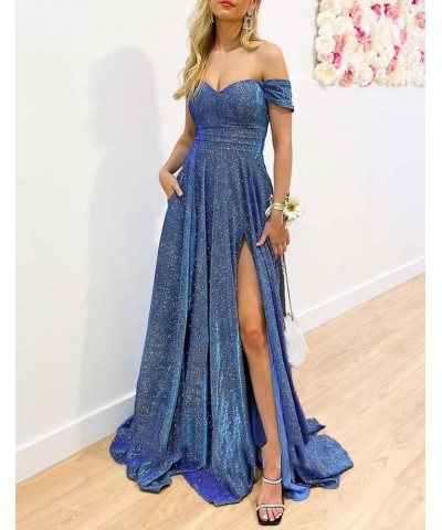 V-Neck Sparkly Prom Dresses Off Shoulder A Line Glitter Formal Evening Party Gowns for Women Acid Blue $30.66 Dresses