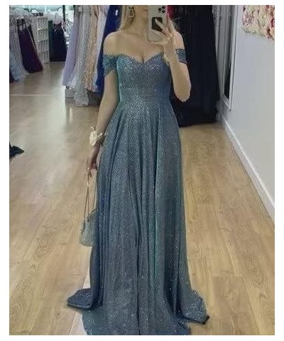 V-Neck Sparkly Prom Dresses Off Shoulder A Line Glitter Formal Evening Party Gowns for Women Acid Blue $30.66 Dresses