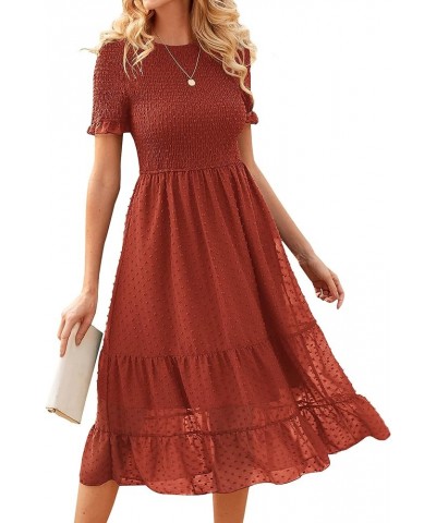 Women Short Ruffle Sleeve Summer Dresses 2023 Solid Crew Neck Smocked Swiss Dots Boho Dress Tiered Cocktail Dress Solid Orang...