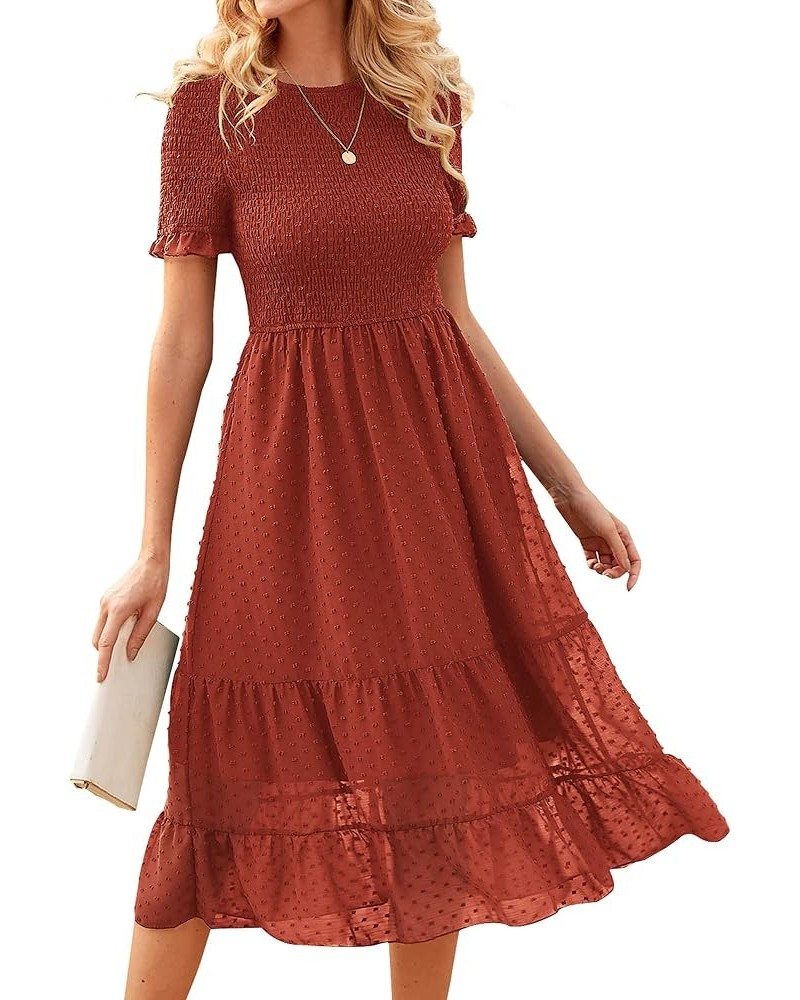 Women Short Ruffle Sleeve Summer Dresses 2023 Solid Crew Neck Smocked Swiss Dots Boho Dress Tiered Cocktail Dress Solid Orang...