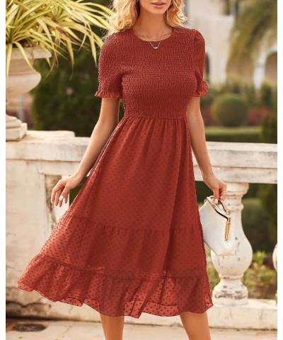 Women Short Ruffle Sleeve Summer Dresses 2023 Solid Crew Neck Smocked Swiss Dots Boho Dress Tiered Cocktail Dress Solid Orang...