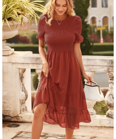 Women Short Ruffle Sleeve Summer Dresses 2023 Solid Crew Neck Smocked Swiss Dots Boho Dress Tiered Cocktail Dress Solid Orang...