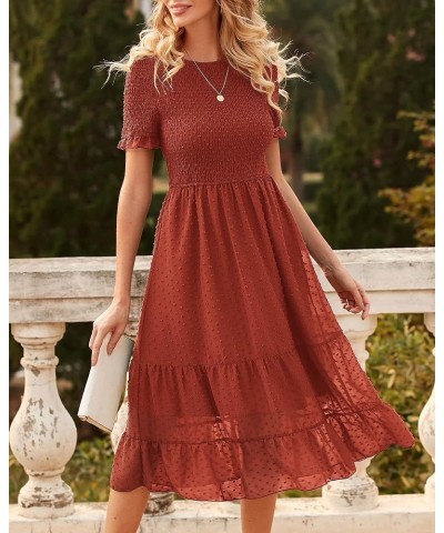 Women Short Ruffle Sleeve Summer Dresses 2023 Solid Crew Neck Smocked Swiss Dots Boho Dress Tiered Cocktail Dress Solid Orang...