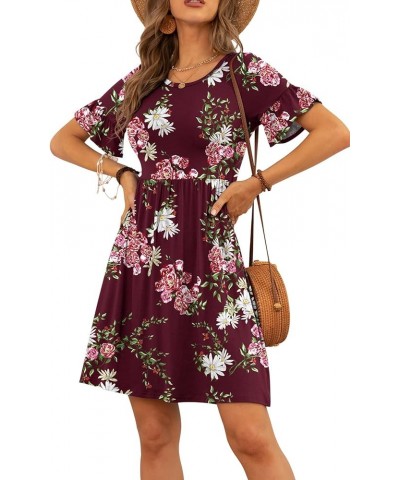 Women's Summer Dress Ruffle Sleeve Round Neck Mini Dress Solid Color/Floral Print Loose Comfy Swing Sundress Floral Wine Red ...