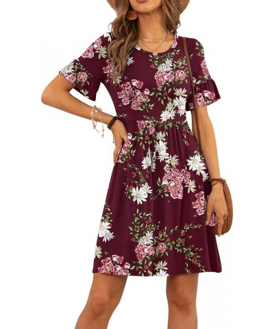 Women's Summer Dress Ruffle Sleeve Round Neck Mini Dress Solid Color/Floral Print Loose Comfy Swing Sundress Floral Wine Red ...