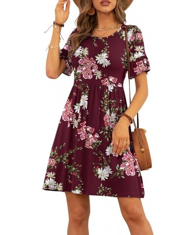 Women's Summer Dress Ruffle Sleeve Round Neck Mini Dress Solid Color/Floral Print Loose Comfy Swing Sundress Floral Wine Red ...