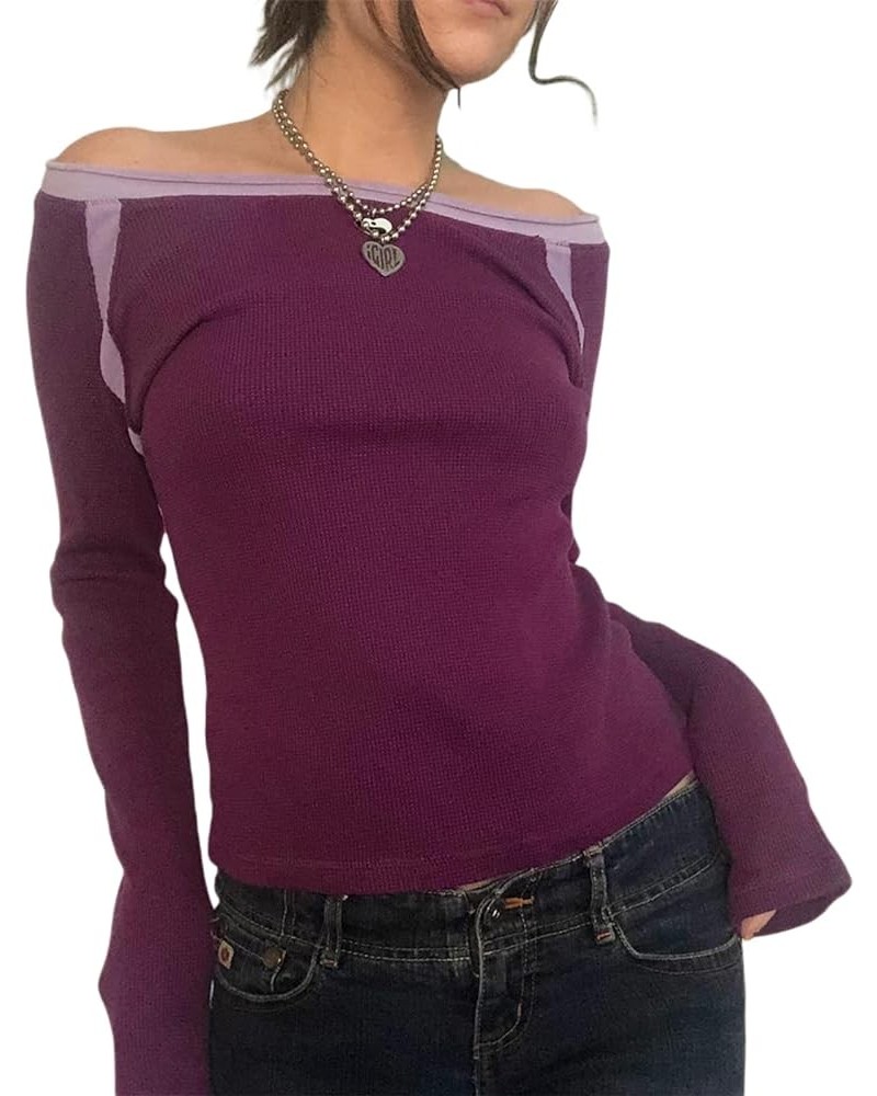 Women Y2K Sexy Off Shoulder Crop Top Long Sleeve Slim Fit T Shirts Basic Casual Tight Tee Blouse Streetwear J-purple $10.07 T...