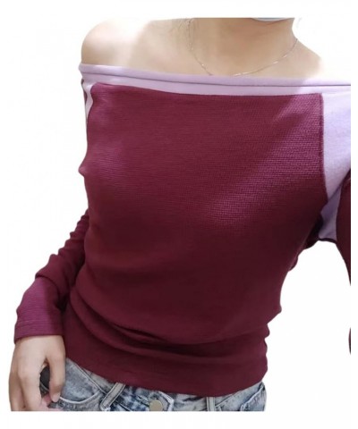 Women Y2K Sexy Off Shoulder Crop Top Long Sleeve Slim Fit T Shirts Basic Casual Tight Tee Blouse Streetwear J-purple $10.07 T...