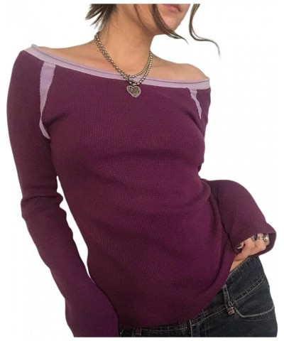 Women Y2K Sexy Off Shoulder Crop Top Long Sleeve Slim Fit T Shirts Basic Casual Tight Tee Blouse Streetwear J-purple $10.07 T...