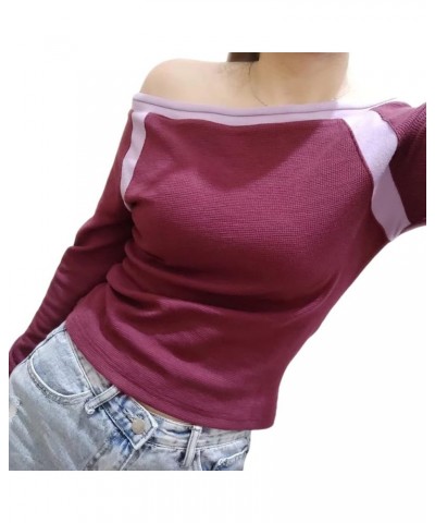 Women Y2K Sexy Off Shoulder Crop Top Long Sleeve Slim Fit T Shirts Basic Casual Tight Tee Blouse Streetwear J-purple $10.07 T...