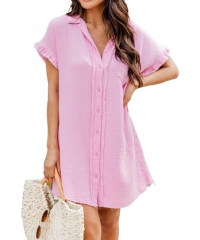 Women's Shirt Short Sleeve Button Down Tunics Casual Solid Color Blouse Tops Pink $12.00 Blouses