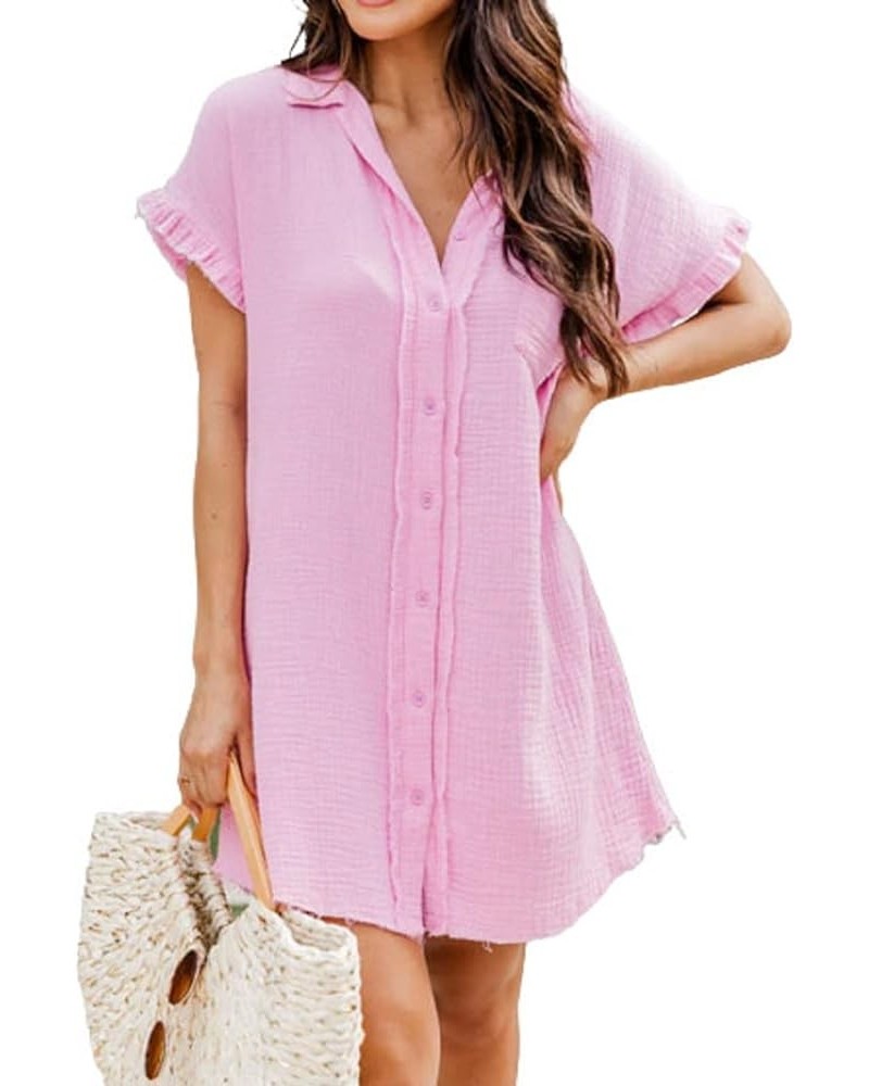 Women's Shirt Short Sleeve Button Down Tunics Casual Solid Color Blouse Tops Pink $12.00 Blouses