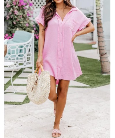 Women's Shirt Short Sleeve Button Down Tunics Casual Solid Color Blouse Tops Pink $12.00 Blouses