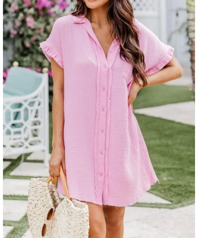 Women's Shirt Short Sleeve Button Down Tunics Casual Solid Color Blouse Tops Pink $12.00 Blouses