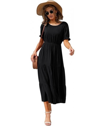 Women's 2024 Spring Summer Casual Loose Crewneck Boho Dress Ruffle Puff Sleeve High Waist Midi Dress Black $26.99 Dresses