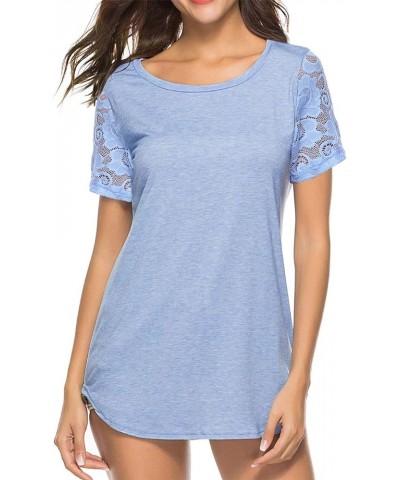 Women's Lace Short Sleeve Round Neck T-Shirt Casual Blouse Tunics Tops Light Blue $16.79 Tops