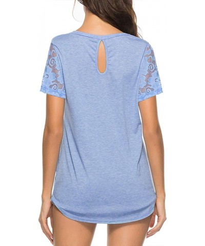 Women's Lace Short Sleeve Round Neck T-Shirt Casual Blouse Tunics Tops Light Blue $16.79 Tops