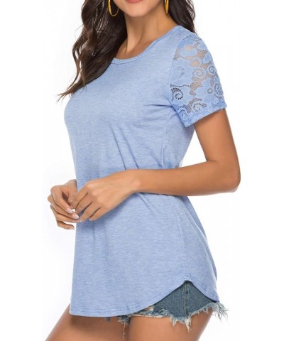 Women's Lace Short Sleeve Round Neck T-Shirt Casual Blouse Tunics Tops Light Blue $16.79 Tops