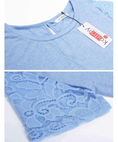 Women's Lace Short Sleeve Round Neck T-Shirt Casual Blouse Tunics Tops Light Blue $16.79 Tops