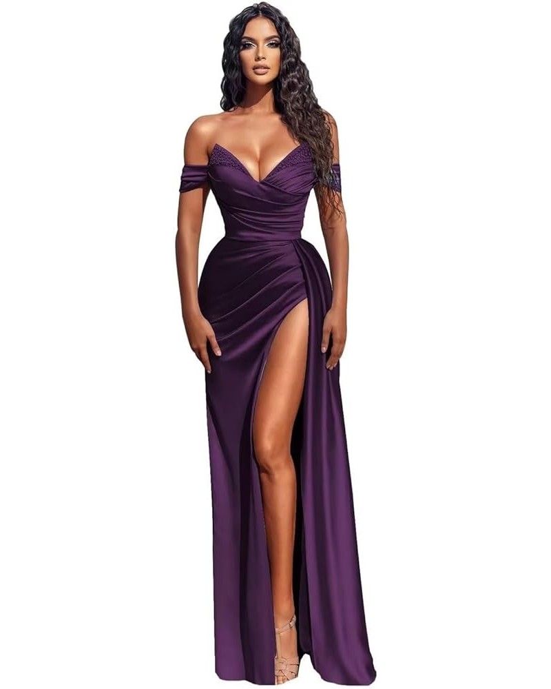 Sparkly Satin Prom Dresses Mermaid Rhinestone Formal Dresses Off Shoulder Evening Gowns with Slit Plum $31.50 Dresses