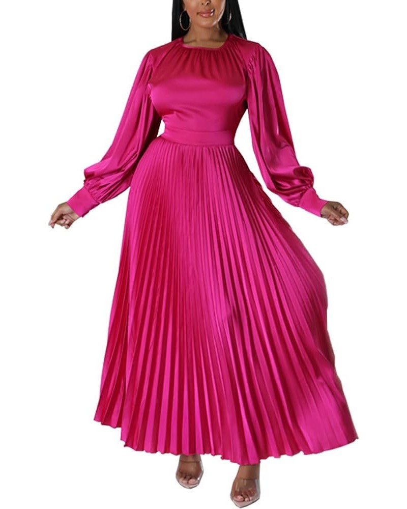 Women's Pleated Satin Party Dress Long Lantern Sleeve Maxi African Dresses Rose $15.36 Dresses