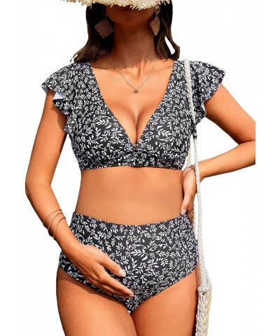 Women's Maternity Two Piece Swimsuit Floral Ruffle Sleeve High Waisted Bikini Set Black White $19.24 Swimsuits