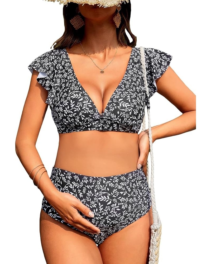 Women's Maternity Two Piece Swimsuit Floral Ruffle Sleeve High Waisted Bikini Set Black White $19.24 Swimsuits