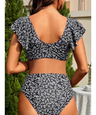 Women's Maternity Two Piece Swimsuit Floral Ruffle Sleeve High Waisted Bikini Set Black White $19.24 Swimsuits